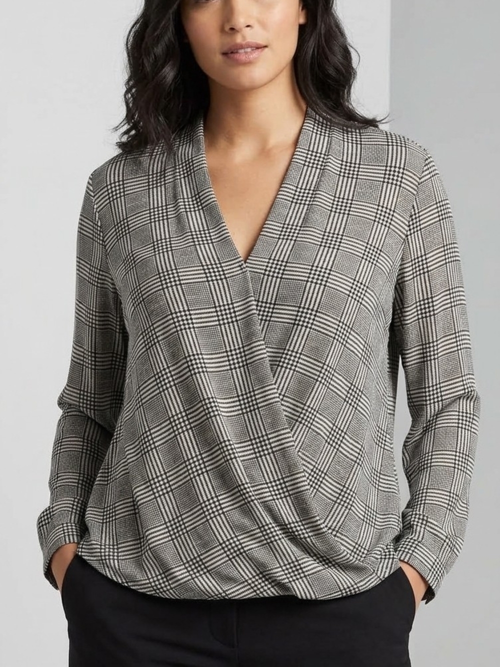 ​Adrianna Papell Glen Plaid Crossover Surplice Faux Wrap Blouse Size Large
